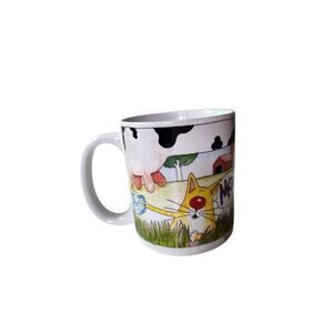 ON A LARK Cat with Cow Milk Moo Comical 2002 Kevin Whitlark Coffee Mug